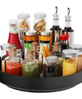 Ovicar 13-inch black metal Lazy Susan rotating spice rack with glass jars and bottles