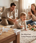 Top Notch Baby Corner Protectors 16 Piece Clear Table Edge Guards with Heavy Duty Adhesive in a living room setting.
