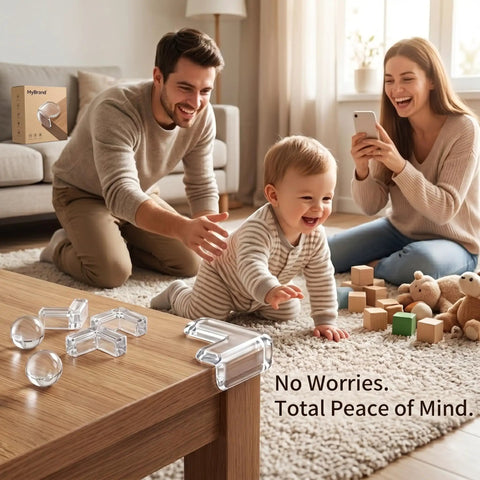 Top Notch Baby Corner Protectors 16 Piece Clear Table Edge Guards with Heavy Duty Adhesive in a living room setting.