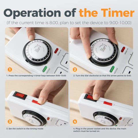 Operation guide for No Fuss Heavy Duty Mechanical Timer Surge Protector Power Strip With Eight Outlets And Four Always On Plugs For Daily Household Scheduling Plus Four Foot Extension Cord Indoors.