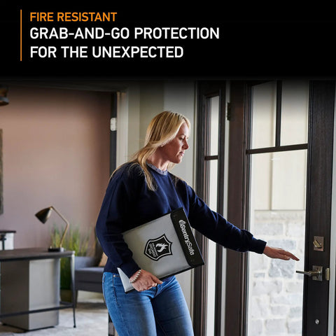 Woman using Fire And Water Resistant Portable Go Bag For Money And Documents With Zipper Secure Emergency Storage For Valuables On The Go Durable Fire Safe Bag For Quick Access During Crises