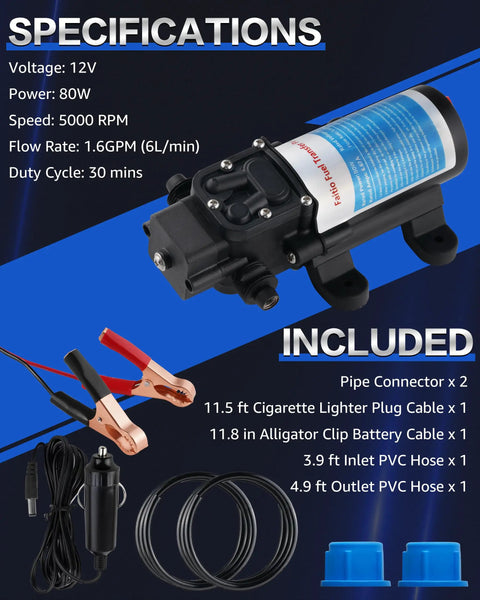 12V Electric Fuel Transfer Pump Kit With Hose for Gas and Diesel, showing pump, cables, and accessories