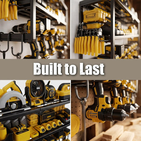 Heavy Duty Power Tool Organizer For Wall Mount Garage Storage With 320 Pounds Capacity Three Tier Iron Wire Rack With Seven Drill Slots And Battery Charging Station Shelf Great Gift For Dad Handyman featuring various tools in garage setting.