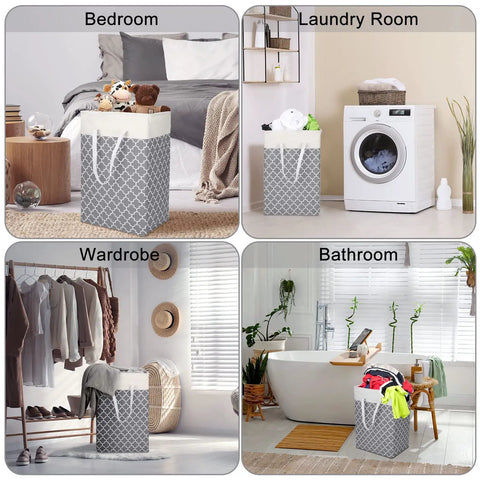 Six Pack 75L Large Collapsible Laundry Baskets With Reinforced Handles, Waterproof Freestanding Hamper Set in various rooms.