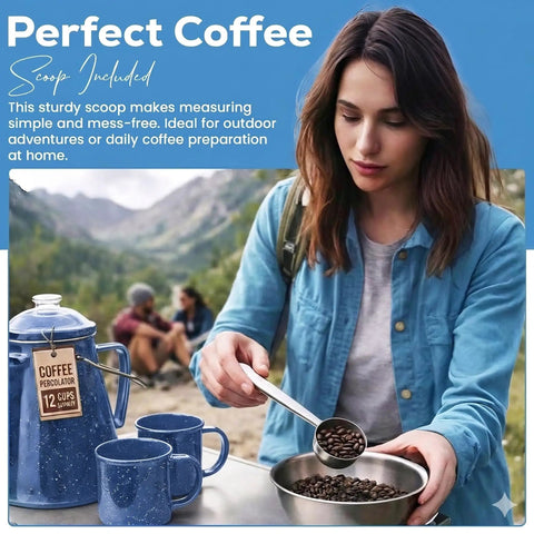 Durable Classic Enamel 12 Cup Coffee Percolator with two mugs for camping and outdoor brewing next to person scooping beans.