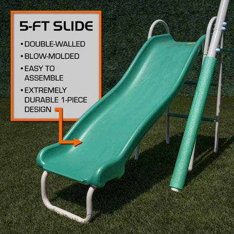 Outdoor Backyard Playset With 2 Swings, Glide Ride, Trapeze And 5Ft Wave Slide, Vinyl Coated Chains, Foam Pad Legs, green slide detail