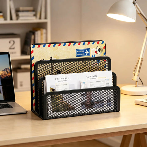 Three Compartment Metal Mesh Mail Organizer For Letters Folders And Office Supplies Desktop Mail Sorter For Home And Office