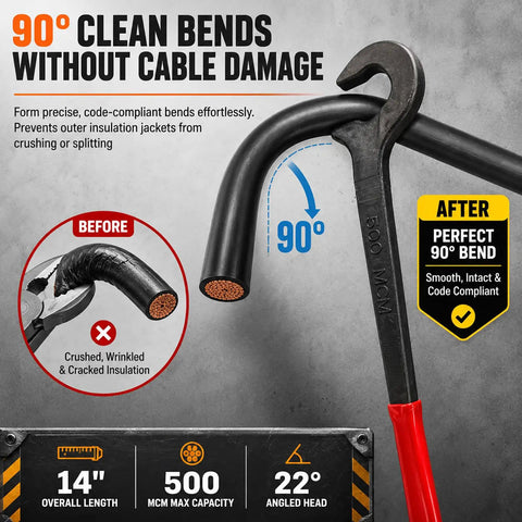 Heavy Duty 14 Inch Wire Bending Tool For Easy Copper & Aluminum Cable Handling showing before and after 90 degree bends.