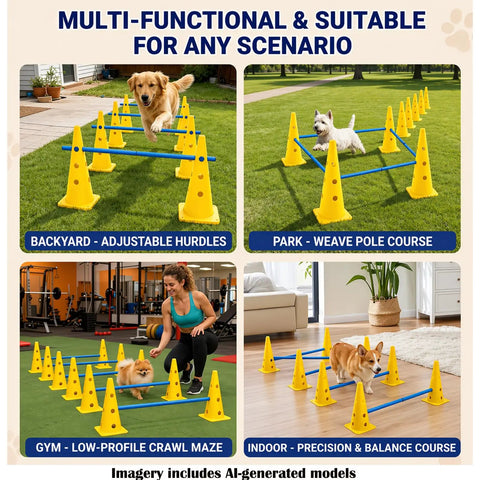 Dog Agility Training Kit With 12 Cone Hurdles And Adjustable Jump Bars For Backyard And Park Play, Indoor Or Outdoor Course Gear