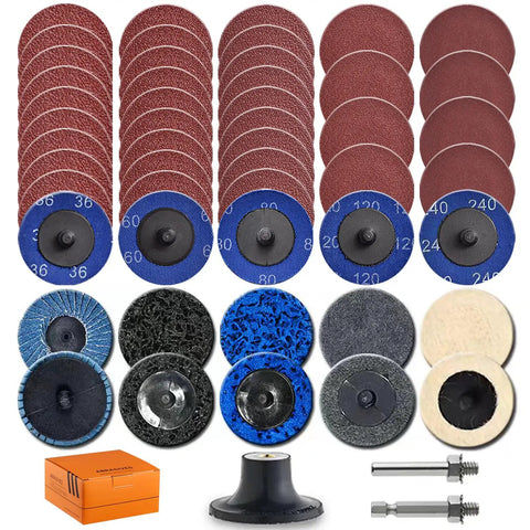 51-piece 2 Inch Die Grinder Sanding Discs Kit With Quarter Inch Shank Roll Lock Discs for quick change, metal grinding variety.