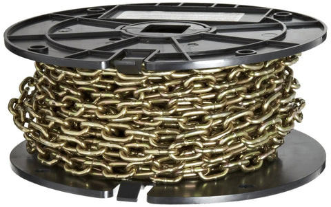 Low Carbon Steel Straight Link Machine Chain On Reel, 0.14 Inch Diameter, 50 Foot Length, 270 Pound Load Capacity, Brass Glo Finish
