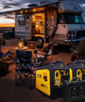 Portable Inverter Generator With 4000 Peak Watts And 3200 Running Watts, 149cc Gas Power, shown at RV campsite sunset.