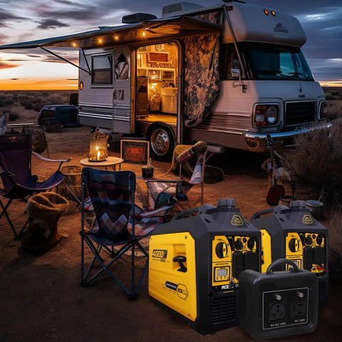 Portable Inverter Generator With 4000 Peak Watts And 3200 Running Watts, 149cc Gas Power, shown at RV campsite sunset.