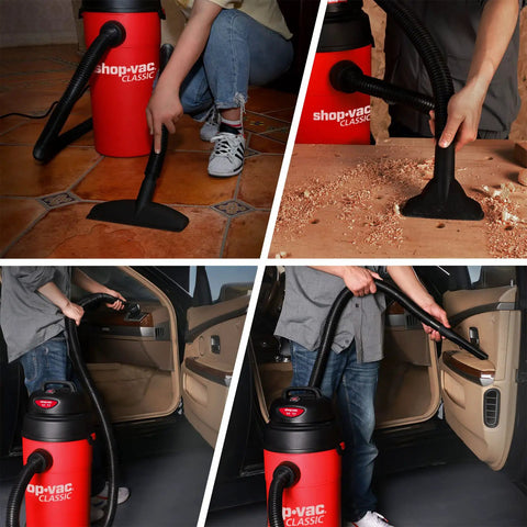 Person using 5 Gallon Wet Dry Vacuum With 5.5 Peak HP on tiles, wood chips, and car interior; wall mountable shop vacuum with attachments.