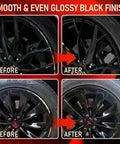 Premium Gloss Black Rim Touch Up Paint For Nixing Curb Rash And Heavy Scratches On Alloy Wheels shown in before and after images of wheel repair.