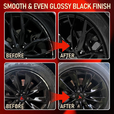 Premium Gloss Black Rim Touch Up Paint For Nixing Curb Rash And Heavy Scratches On Alloy Wheels shown in before and after images of wheel repair.