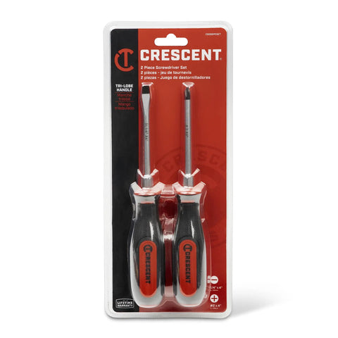 Two Piece Dual Material Screwdriver Set with Phillips Two By Four Inches and Slotted One Quarter By Four Inches Durable Ergonomic Grips Handy For Home DIY Projects and Everyday Fixes in packaging