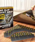 Rug Tape Kit With 24 Pcs No Glue Silicone Bottom shown with corner triangles and strips under rug on hardwood floor
