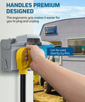 Person plugging Heavy Duty 50 Amp RV Extension Cord 10 Feet NEMA 14 50P To 14 50R Copper Wire into RV power source