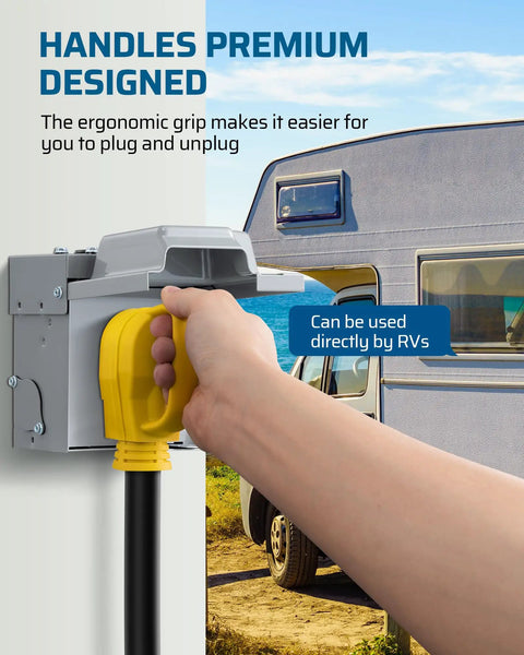 Person plugging Heavy Duty 50 Amp RV Extension Cord 10 Feet NEMA 14 50P To 14 50R Copper Wire into RV power source