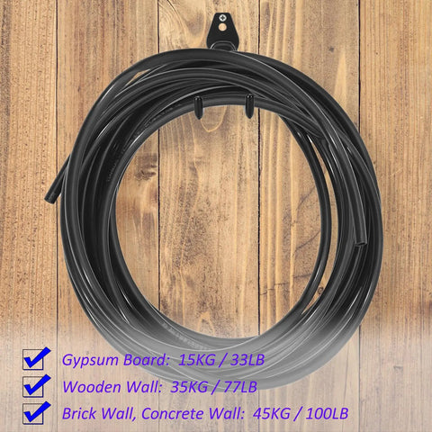 Black hose suspended on Six Pack Heavy Duty Garage Hooks with 100 Pound Capacity Steel Utility Hangers for organizing