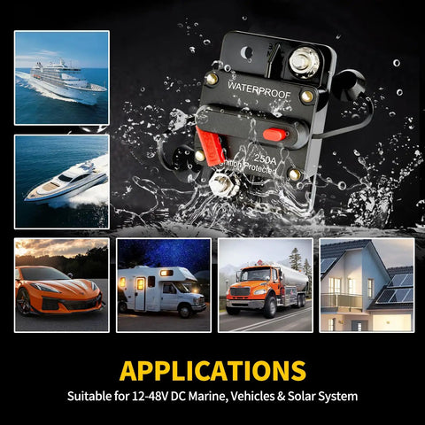 Beefy 250 Amp Circuit Breaker DC 12V to 48V with Manual Reset Switch and IP67 Waterproof rating for Marine Boat Trolling Motor RV Trailer Car Solar System Battery Disconnect, close-up in action.