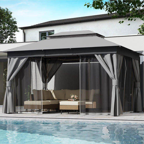 10x13 Outdoor Gazebo With Double Roofs Mosquito Netting And Privacy Screens Heavy Duty Metal Frame Wind Resistant Up To Level 6