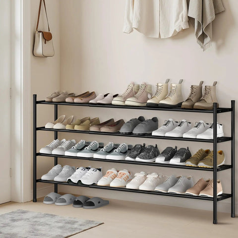 Expandable Metal Shoe Rack Space Saver With Four Tiers Freestanding Stackable Organizer Holds 16 To 24 Pairs And Extends From 33.3 To 47.5 Inches shown in an entryway holding various shoes.