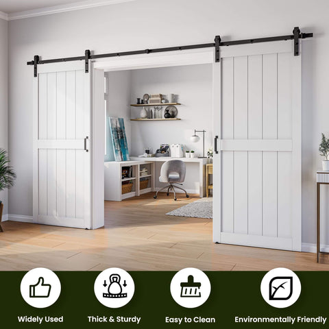 White Barn Door 68 By 84 Inches With Double 34 By 84 Panels Dope Sliding Hardware Kit in a home office room divider setup.