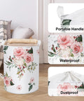 Blooming Pink Flowers Laundry Basket Round Hamper For Girls Room And Nursery Toy Storage Dirty Clothes Organizer Floral Pink Flower Design Soft Fabric Hamper With Handles shown with waterproof and dustproof features.