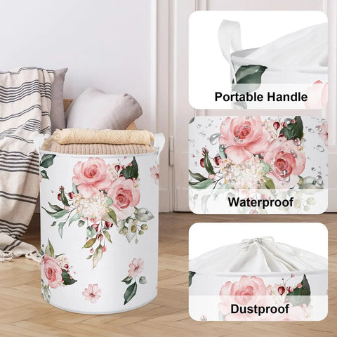 Blooming Pink Flowers Laundry Basket Round Hamper For Girls Room And Nursery Toy Storage Dirty Clothes Organizer Floral Pink Flower Design Soft Fabric Hamper With Handles shown with waterproof and dustproof features.