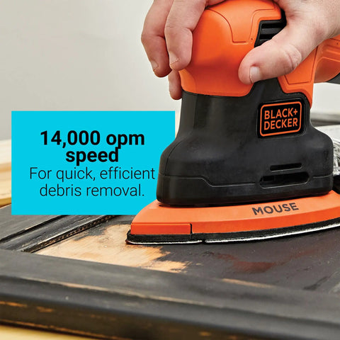Compact 1.2 Amp Electric Mouse Detail Sander handy for tight spaces with 14,000 orbits per minute efficient dust collection canister