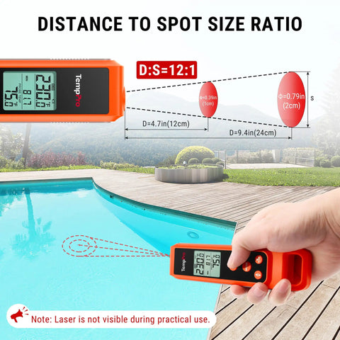 2 In 1 Infrared Thermometer With Meat Probe For Grilling And Cooking, showing laser distance spot size ratio next to pool
