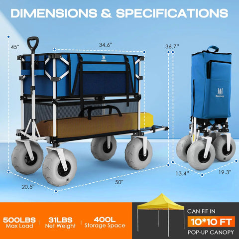 Heavy Duty Double Decker Beach Wagon Cart With 500Lb Load Capacity, 400L Dual Level Storage, Balloon Wheels For Sand, Folding shown.