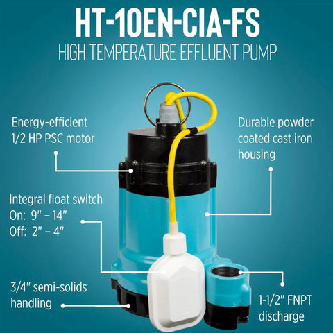 Rock Solid High Temperature Effluent And Boiler Blowdown Pump With Automatic Mechanical Float Switch Made For Tackling Hot Wastewater In Sump Pits And Transformer Vaults Up To 200F With Ease, showcasing durable cast iron housing.