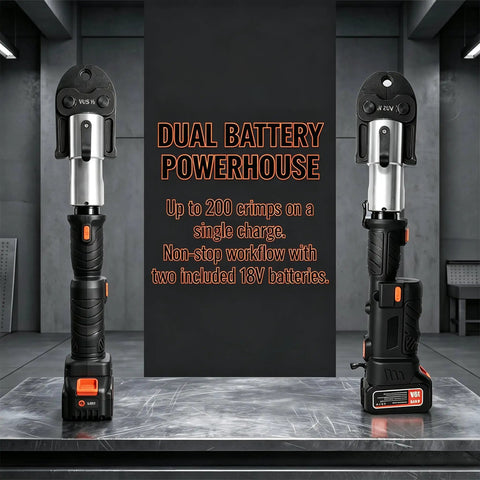 Heavy Duty 18V Electric Pipe Crimper With 60KN Force High Carbon Steel Hydraulic Press Tool for fast work displayed on a metal surface.