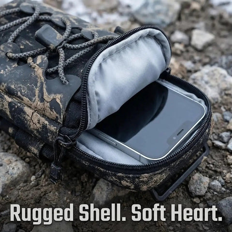 Non Slip Battery Cover Frame Bag For Electric Dirt Bikes open showing phone storage compartment, rugged exterior on rocky ground