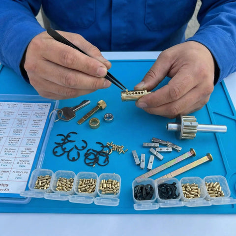 Hands using 1000 Piece KW1 Pro Grade Rekey Kit With Cylinder Service Tools For Home Security Doors Learn To Pin And Repair Kit