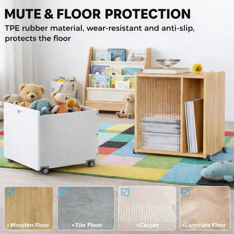 Mini Side Mount Caster Wheels Low Profile Rigid Non Swivel Rollers For Sliding Doors Drawers And Cabinets Slick Quiet Rubber Tires Smooth Rolling Solid Setup Four Pack 1.25 Inch in a children's room with toys.