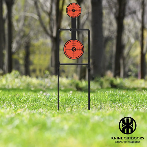 Double Spinner Auto Reset Steel Target For Centerfire Handguns Up To Forty Four Magnum in outdoor setting