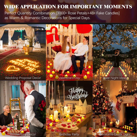 Romantic Decor Bundle With 3000 Artificial Rose Petals And 48 Heart Flameless LED Tea Lights for various romantic occasions.