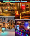Collage of houses with Solar Address Sign for Outside With Remote, Color Changing RGB LED Number Plaque, and holiday lights.