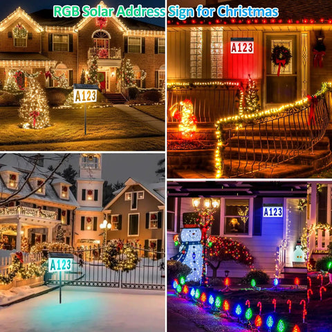 Collage of houses with Solar Address Sign for Outside With Remote, Color Changing RGB LED Number Plaque, and holiday lights.