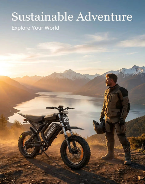 Man with Beast Mode 3000W Electric Dirt Bike For Adults With 20 Inch All Terrain Fat Tires in scenic location