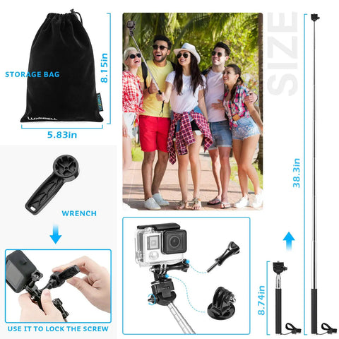Group using All In One Action Camera Accessory Kit For GoPro And Other Models with tripod, storage bag, wrench shown