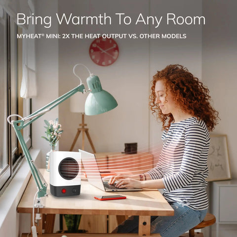 Your Own Mini Personal Ceramic Space Heater For Home And Office, 400W Quick Heat shown on desk with person using laptop