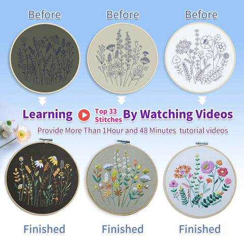 Before and after of Three Piece Beginner Embroidery Kit For Adults With Floral Designs Including Embroidery Hoop Colorful Threads Tools Video.
