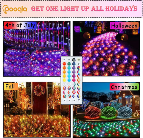 Color Changing Christmas Net Lights RGB 204 LED Mesh For Outdoor Decor 9.8x6.6 Ft with remote shown in holiday settings
