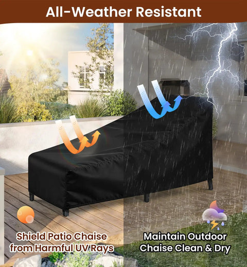 Heavy Duty Chaise Lounge Covers 2 Pack With Storage Bag Buckles And Drawstring Waterproof And UV Resistant All Season Outdoor Lounge Chair Covers 82 Inch Long By 29 Inch Wide By 31 Inch High showing UV and rain resistance on patio lounger.