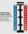Identibolt Pro Thread Checker With Magnetic Wall Mount For Quick Nut And Bolt Identifier Gauge For 28 Sizes from Imperial No 6 through 1/2 Inch and Metric 4 to 14 mm, black mount with red and blue plates.